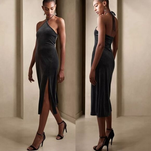 🆕️ Banana Republic Velvet Halter Midi Dress in Orca Steel - Picture 1 of 10